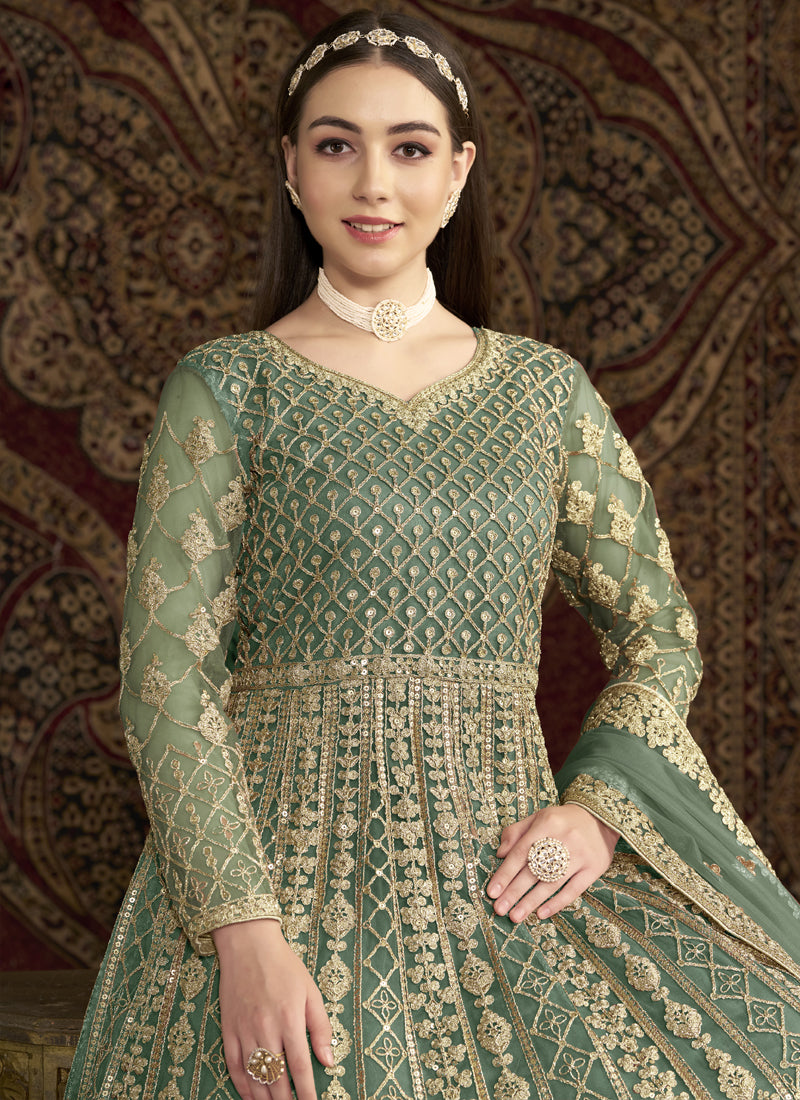 Vegaa Fashion Sea Green Net Embroidered Anarkali Suit