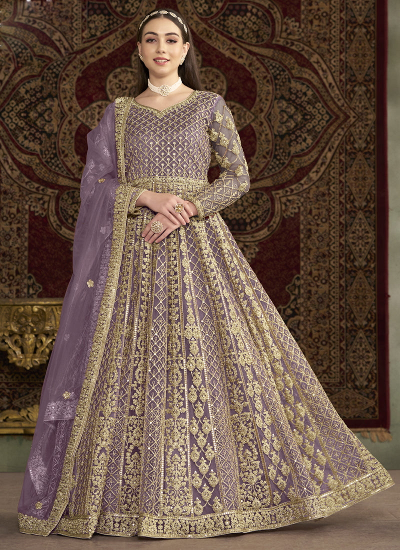 Vegaa Fashion Lavender Net Embroidered Anarkali Suit - Distacart