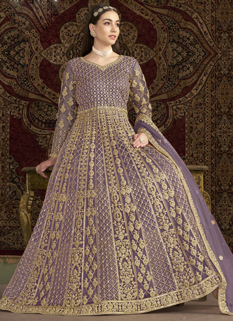 Vegaa Fashion Lavender Net Embroidered Anarkali Suit