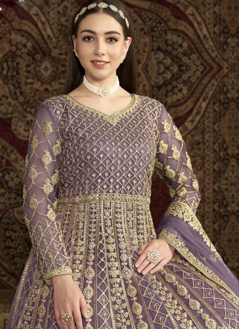Vegaa Fashion Lavender Net Embroidered Anarkali Suit