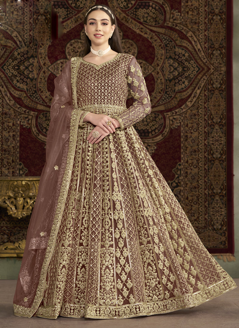 Vegaa Fashion Light Brown Net Embroidered Anarkali Suit