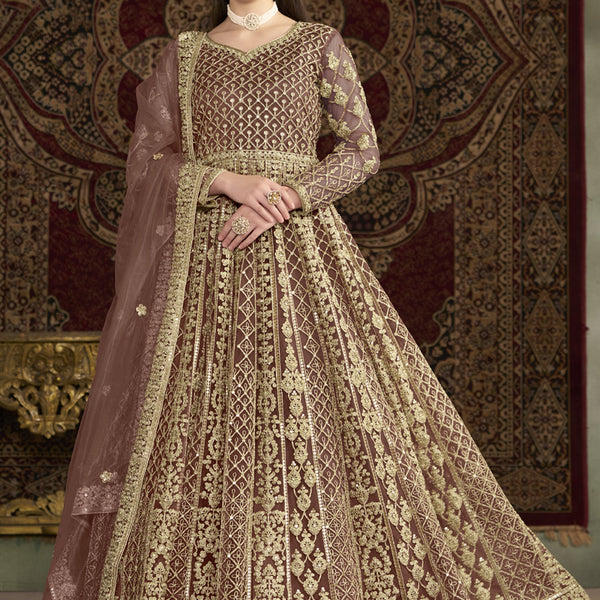 Vegaa Fashion Light Brown Net Embroidered Anarkali Suit