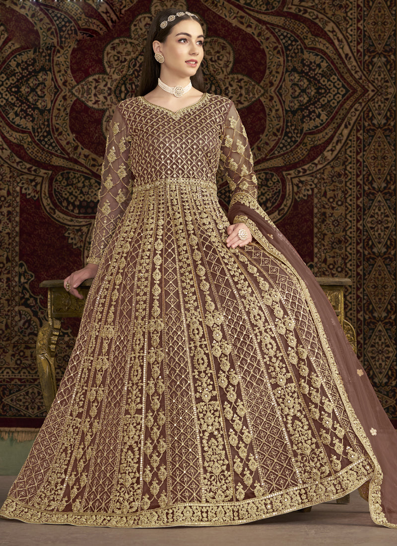 Vegaa Fashion Light Brown Net Embroidered Anarkali Suit