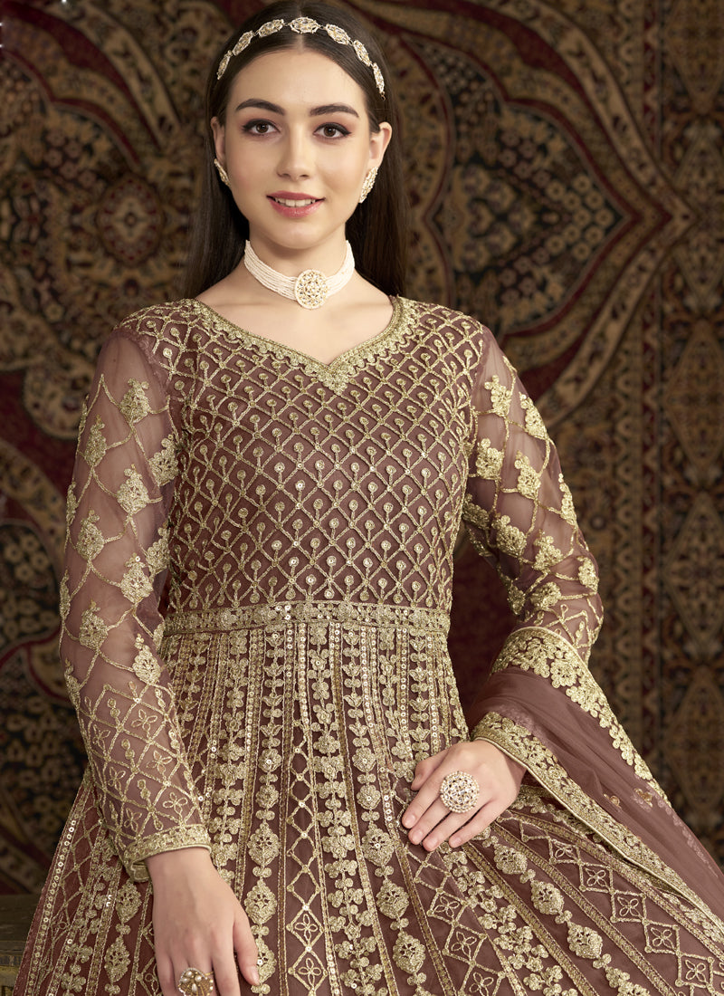 Vegaa Fashion Light Brown Net Embroidered Anarkali Suit