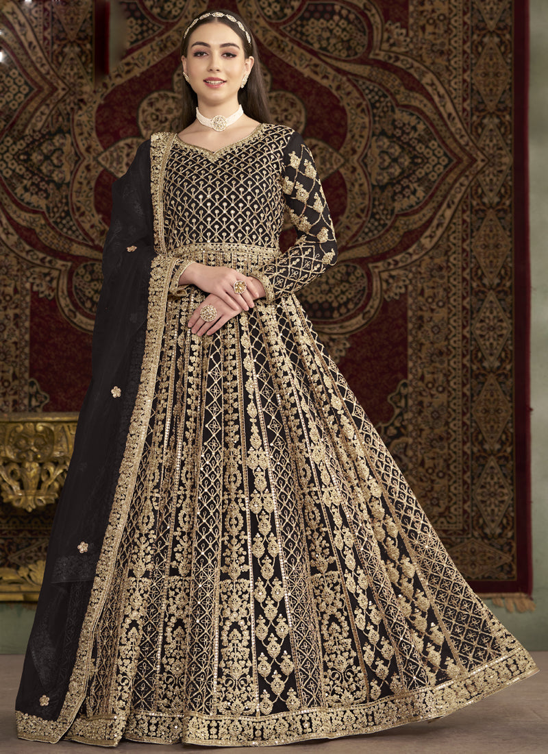 Vegaa Fashion Dark Brown Net Embroidered Anarkali Suit