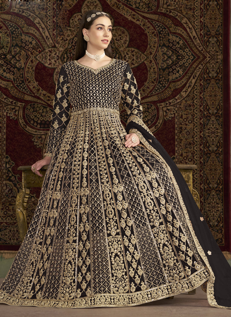 Vegaa Fashion Dark Brown Net Embroidered Anarkali Suit