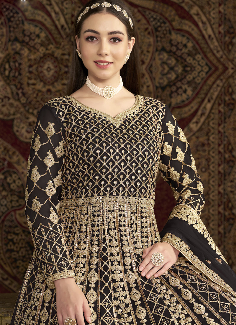 Vegaa Fashion Dark Brown Net Embroidered Anarkali Suit