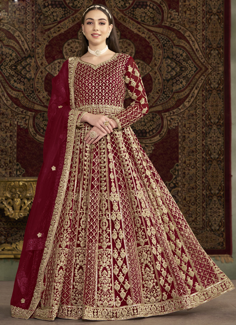Vegaa Fashion Maroon Net Embroidered Anarkali Suit