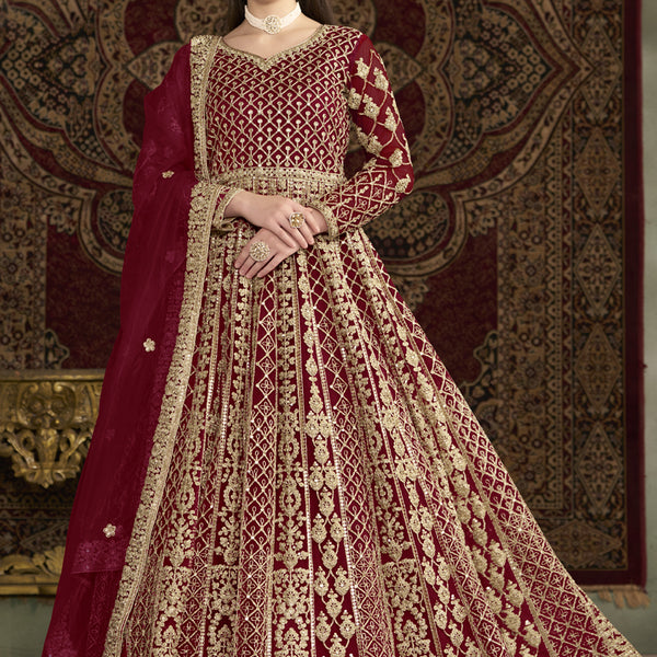 Vegaa Fashion Maroon Net Embroidered Anarkali Suit
