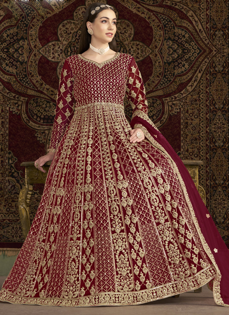 Vegaa Fashion Maroon Net Embroidered Anarkali Suit