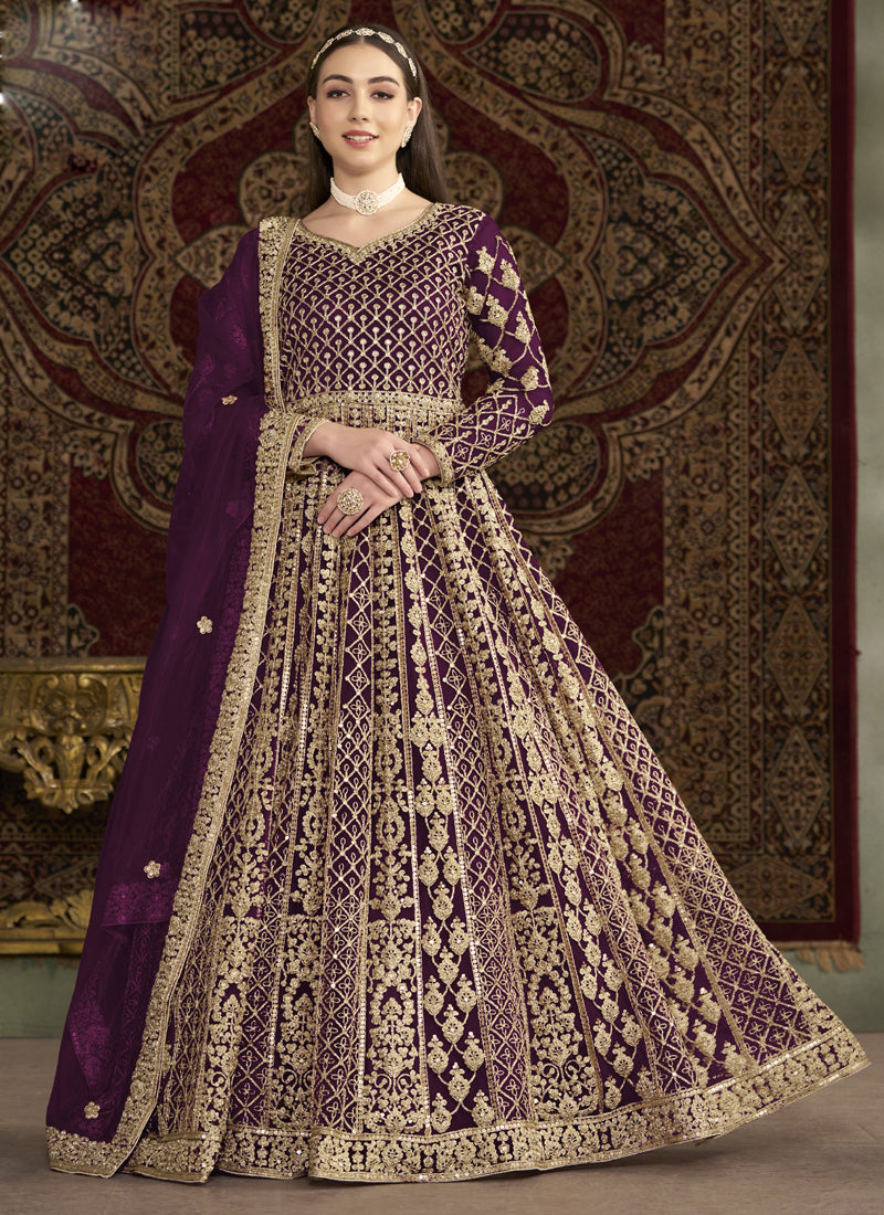 Vegaa Fashion Violet Net Embroidered Anarkali Suit - Distacart