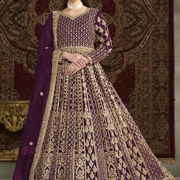 Vegaa Fashion Violet Net Embroidered Anarkali Suit - Distacart