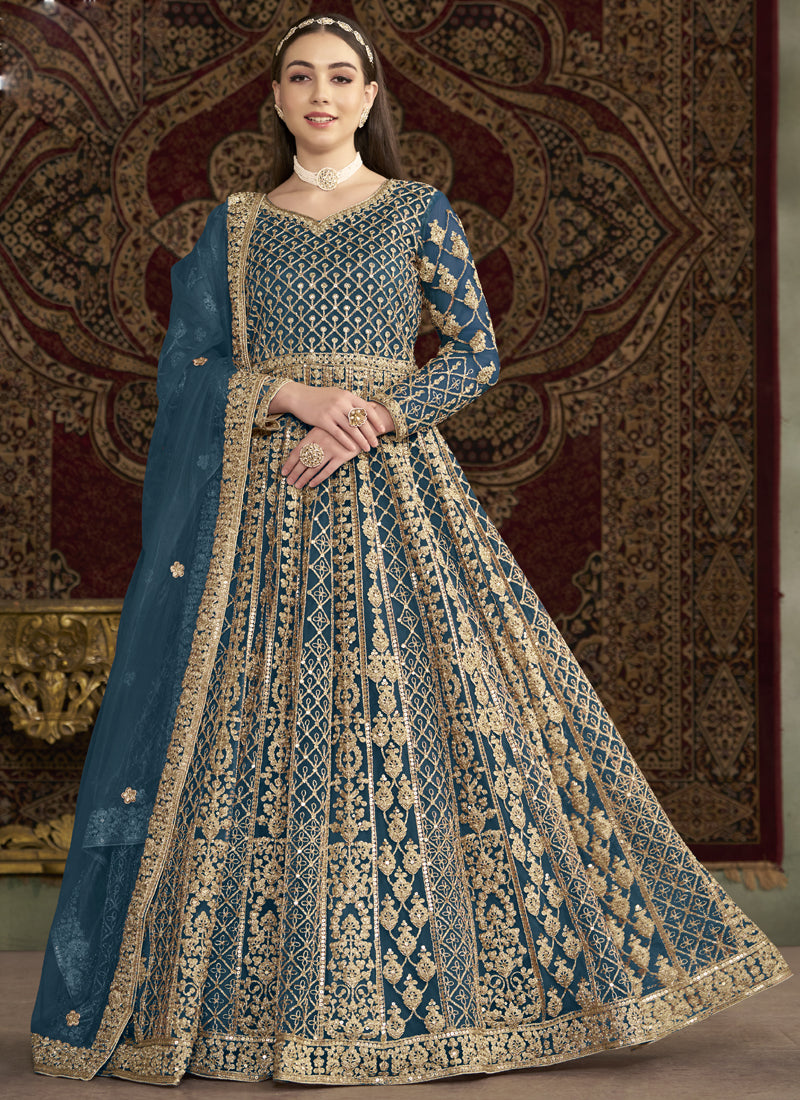 Vegaa Fashion Aqua Blue Net Embroidered Anarkali Suit