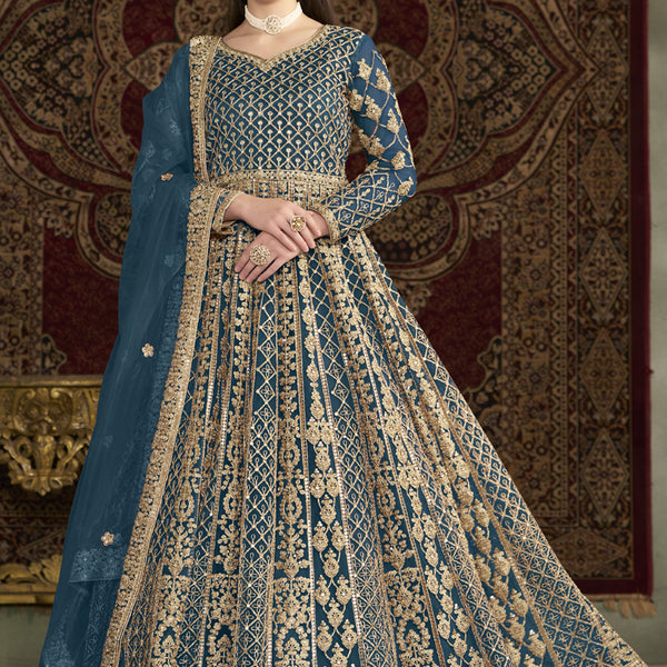 Vegaa Fashion Aqua Blue Net Embroidered Anarkali Suit