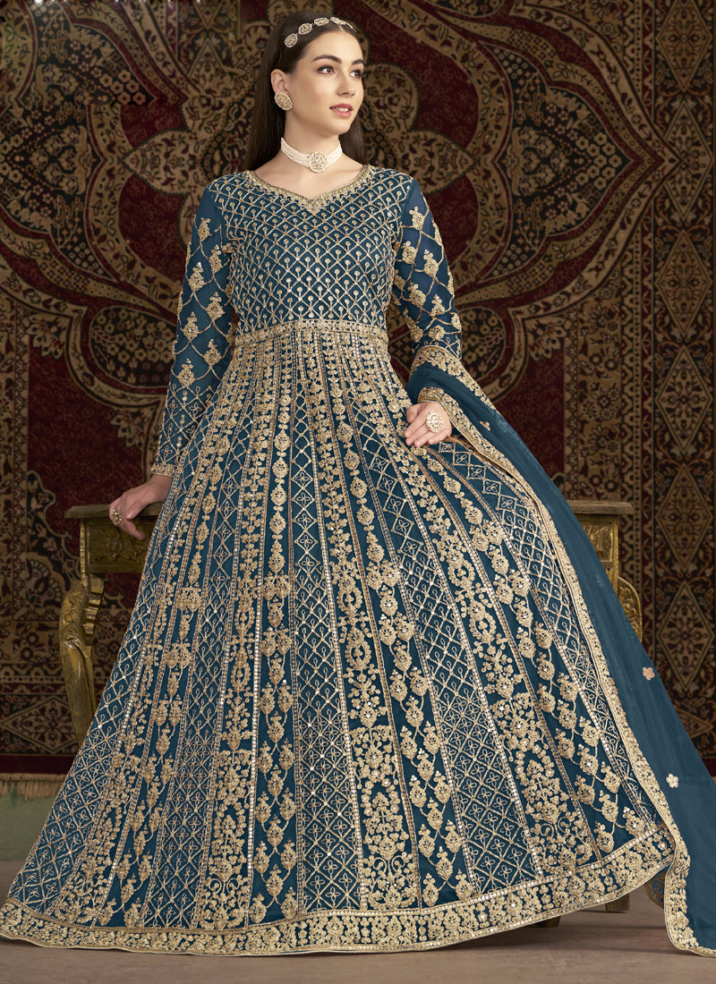 Vegaa Fashion Aqua Blue Net Embroidered Anarkali Suit
