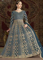 Thumbnail for Vegaa Fashion Aqua Blue Net Embroidered Anarkali Suit