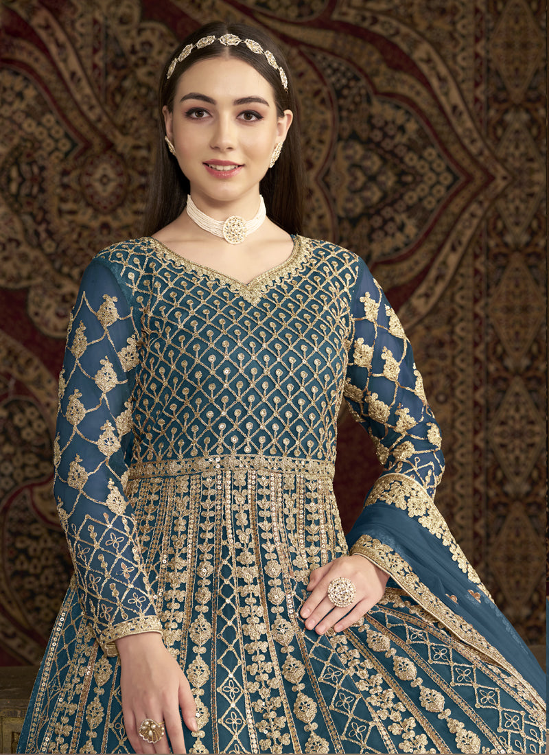 Vegaa Fashion Aqua Blue Net Embroidered Anarkali Suit