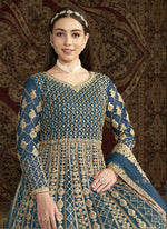 Thumbnail for Vegaa Fashion Aqua Blue Net Embroidered Anarkali Suit