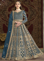 Thumbnail for Vegaa Fashion Aqua Blue Net Embroidered Anarkali Suit