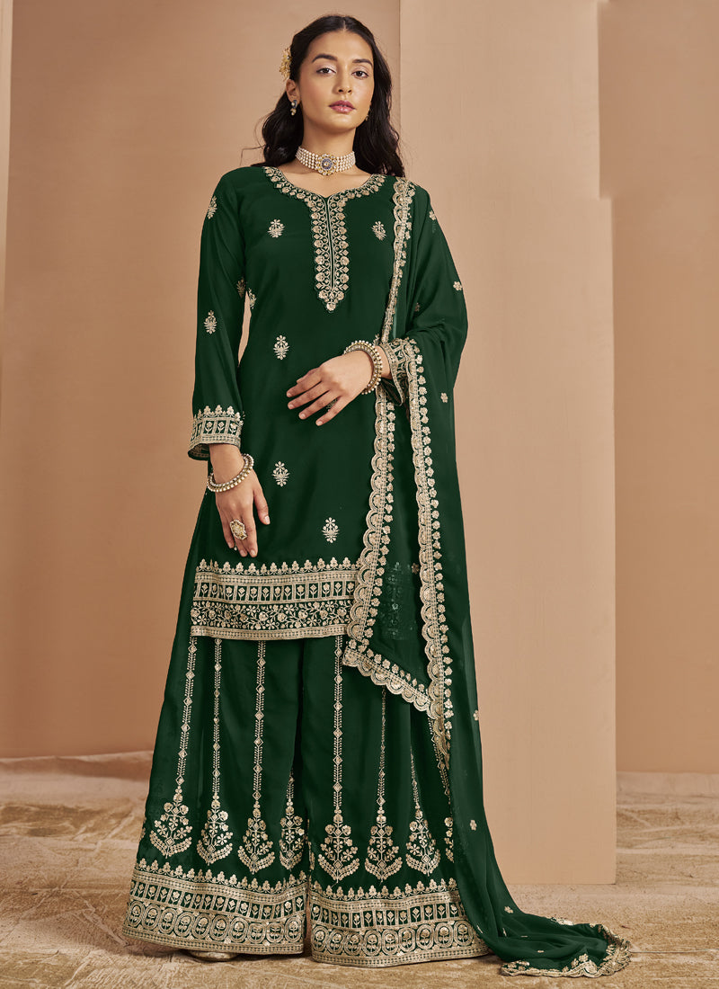 Vegaa Fashion Green Faux Georgette Embroidered Palazzo Suit