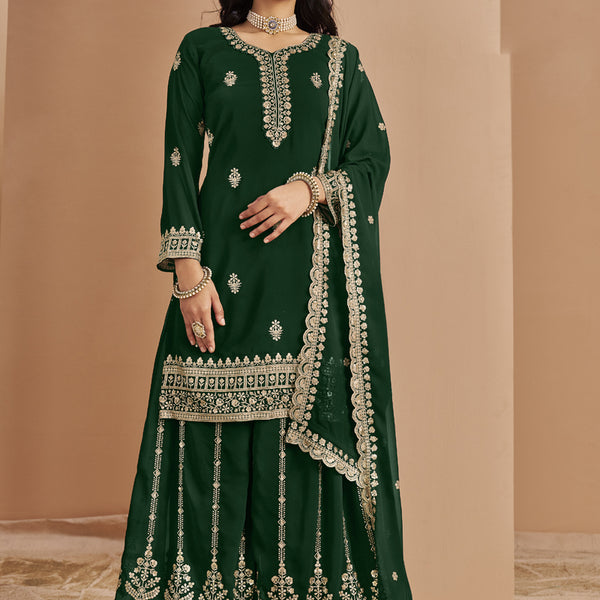 Vegaa Fashion Green Faux Georgette Embroidered Palazzo Suit - Distacart