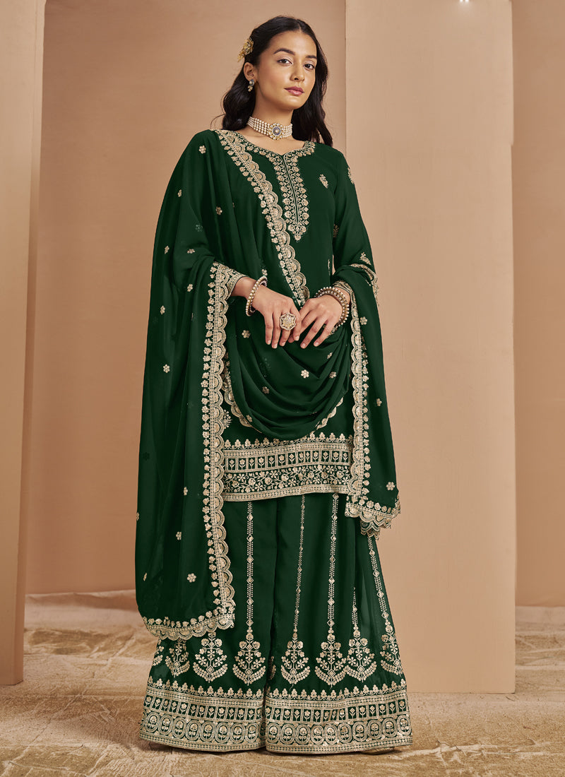 Vegaa Fashion Green Faux Georgette Embroidered Palazzo Suit