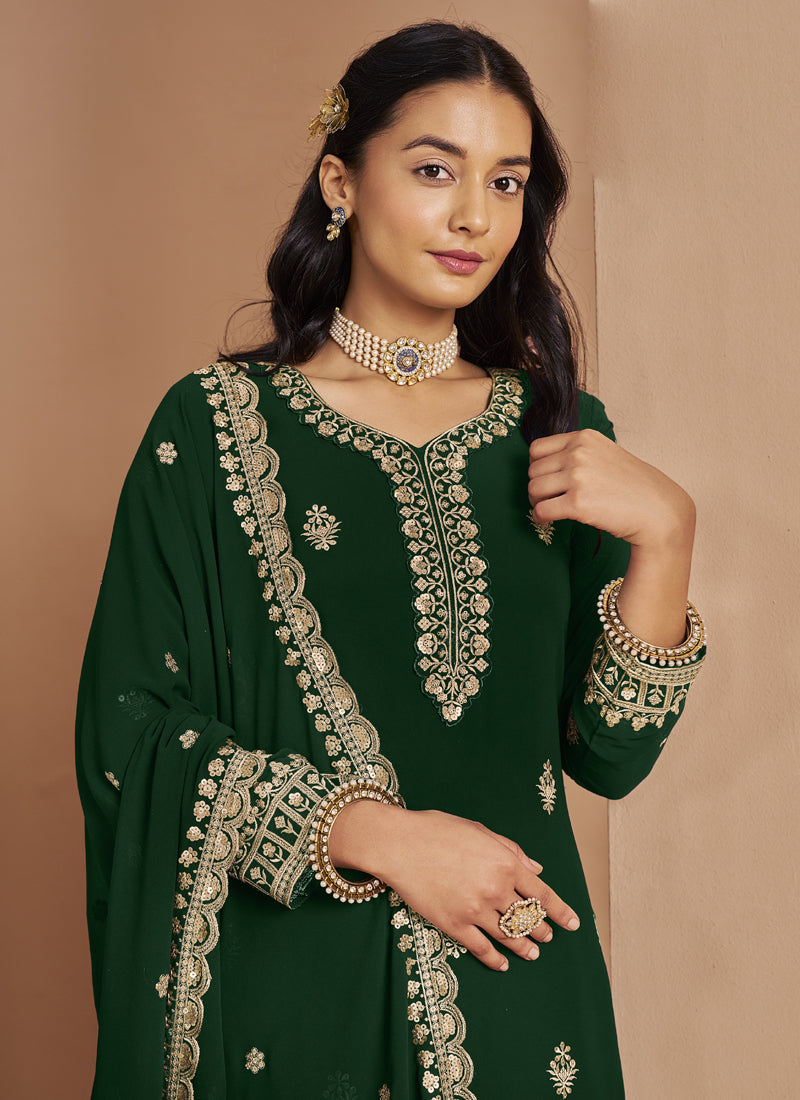 Vegaa Fashion Green Faux Georgette Embroidered Palazzo Suit