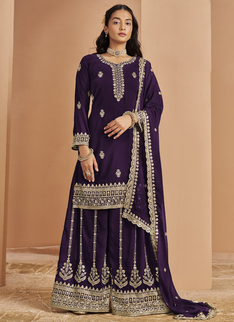 Vegaa Fashion Violet Faux Georgette Embroidered Palazzo Suit