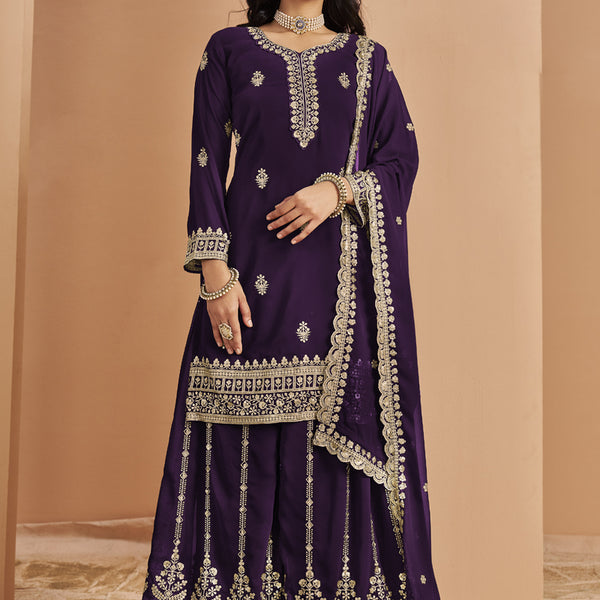Vegaa Fashion Violet Faux Georgette Embroidered Palazzo Suit - Distacart