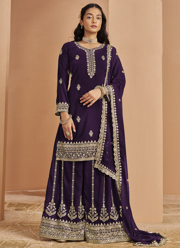 Vegaa Fashion Violet Faux Georgette Embroidered Palazzo Suit - Distacart