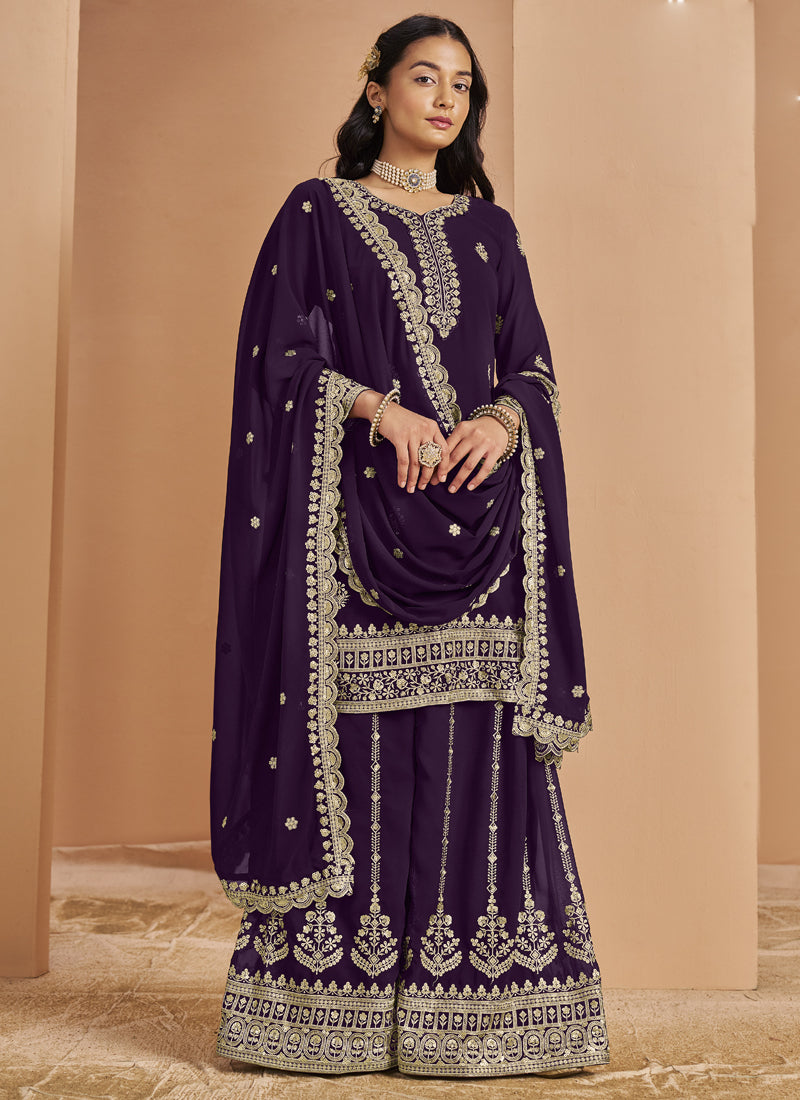 Vegaa Fashion Violet Faux Georgette Embroidered Palazzo Suit