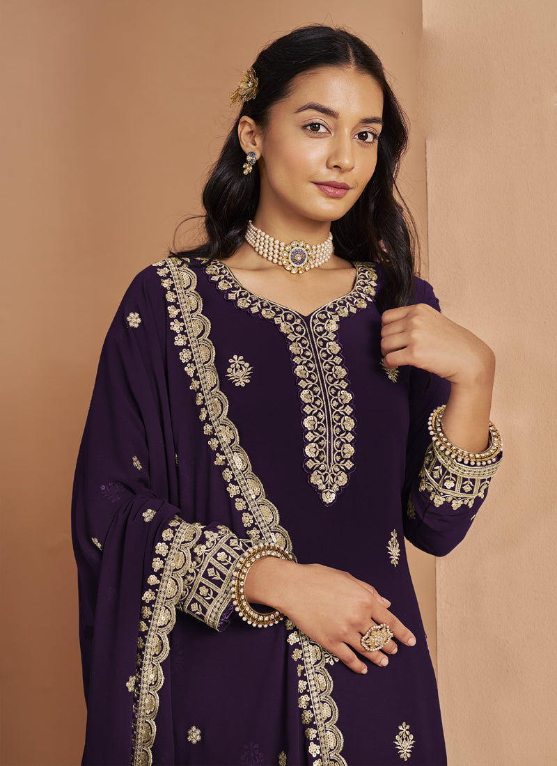 Vegaa Fashion Violet Faux Georgette Embroidered Palazzo Suit