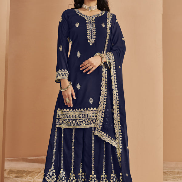 Vegaa Fashion Navy Blue Faux Georgette Embroidered Palazzo Suit - Distacart