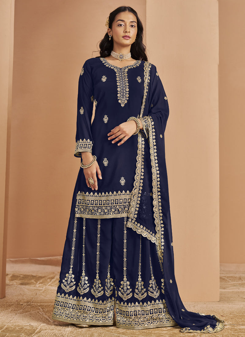 Vegaa Fashion Navy Blue Faux Georgette Embroidered Palazzo Suit - Distacart