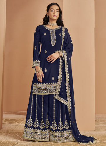 Vegaa Fashion Navy Blue Faux Georgette Embroidered Palazzo Suit - Distacart