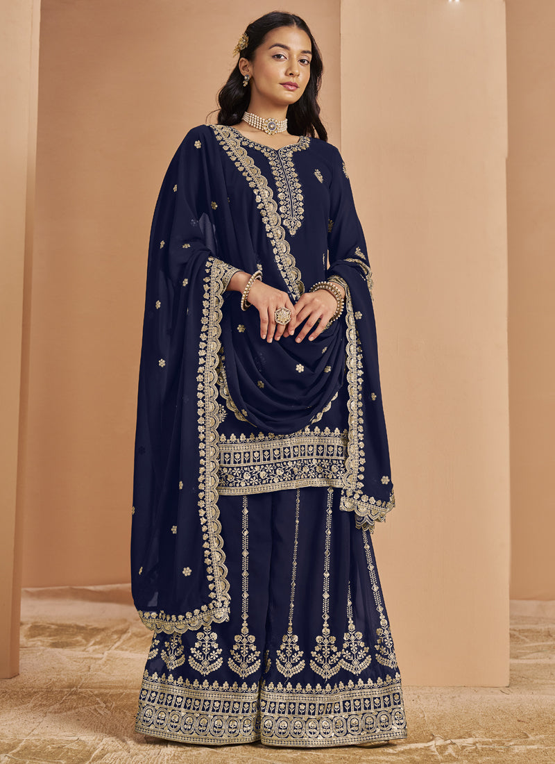 Vegaa Fashion Navy Blue Faux Georgette Embroidered Palazzo Suit