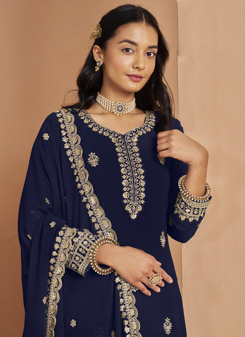 Vegaa Fashion Navy Blue Faux Georgette Embroidered Palazzo Suit