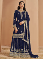 Thumbnail for Vegaa Fashion Navy Blue Faux Georgette Embroidered Palazzo Suit