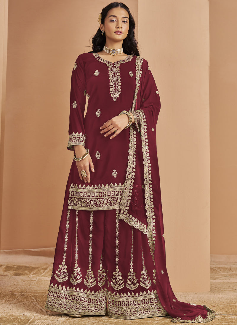 Vegaa Fashion Maroon Faux Georgette Embroidered Palazzo Suit