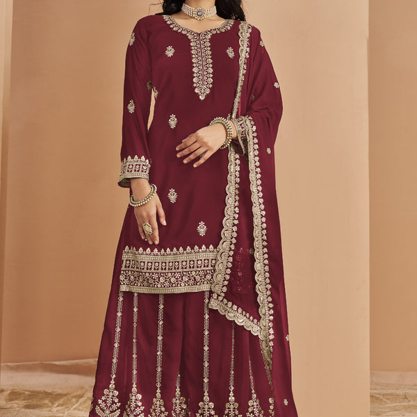 Vegaa Fashion Maroon Faux Georgette Embroidered Palazzo Suit - Distacart