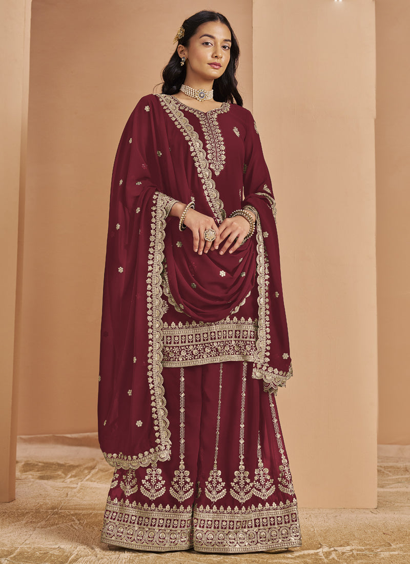 Vegaa Fashion Maroon Faux Georgette Embroidered Palazzo Suit