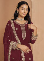 Thumbnail for Vegaa Fashion Maroon Faux Georgette Embroidered Palazzo Suit