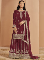 Thumbnail for Vegaa Fashion Maroon Faux Georgette Embroidered Palazzo Suit