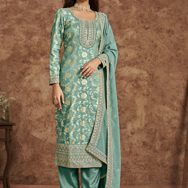 Vegaa Fashion Sky Blue Dola Silk Jacquard Designer Salwar Suit - Distacart
