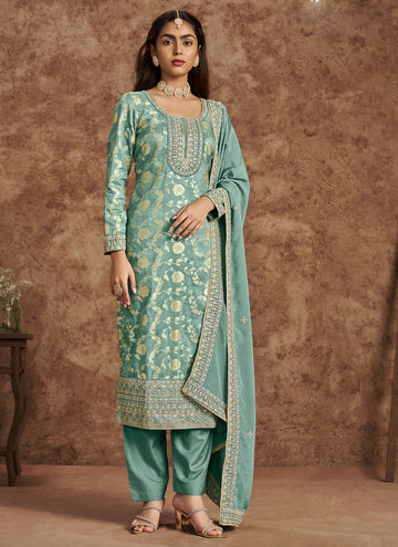 Vegaa Fashion Sky Blue Dola Silk Jacquard Designer Salwar Suit - Distacart