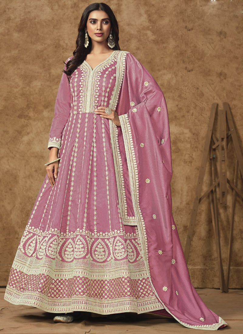 Vegaa Fashion Pink Dola Silk Embroidered Anarkali Suit