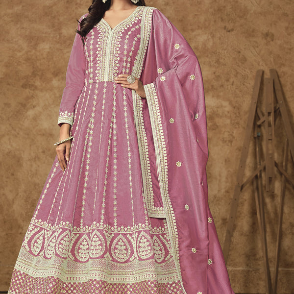 Vegaa Fashion Pink Dola Silk Embroidered Anarkali Suit - Distacart