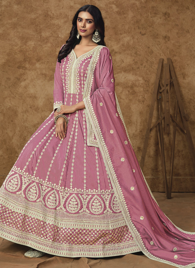 Vegaa Fashion Pink Dola Silk Embroidered Anarkali Suit
