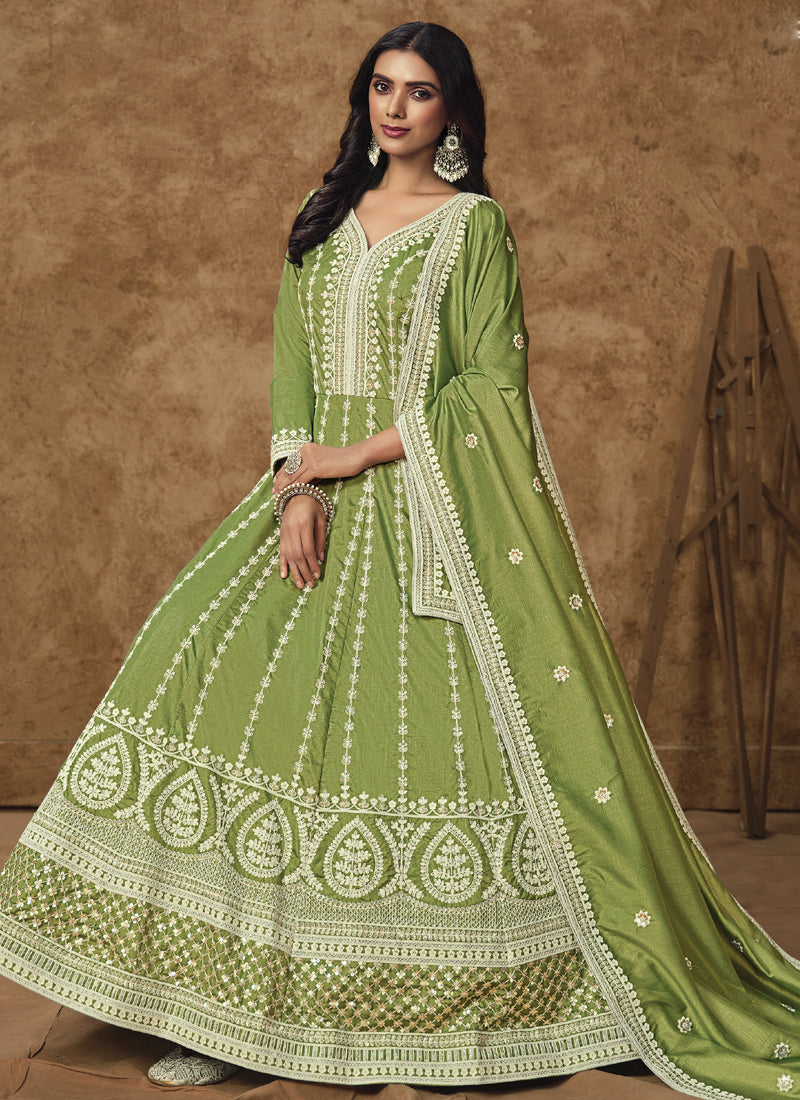 Vegaa Fashion Light Green Dola Silk Embroidered Anarkali Suit