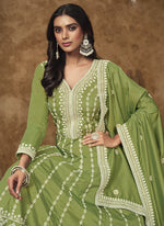 Thumbnail for Vegaa Fashion Light Green Dola Silk Embroidered Anarkali Suit